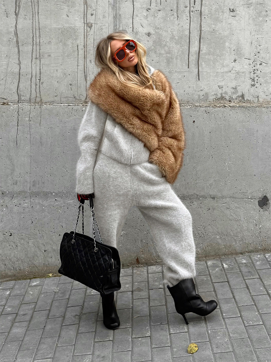 Faux Mink Fur Hooded Zip-up Cardigan Sweater With Double Pockets And Knitted Trousers Two-piece Set