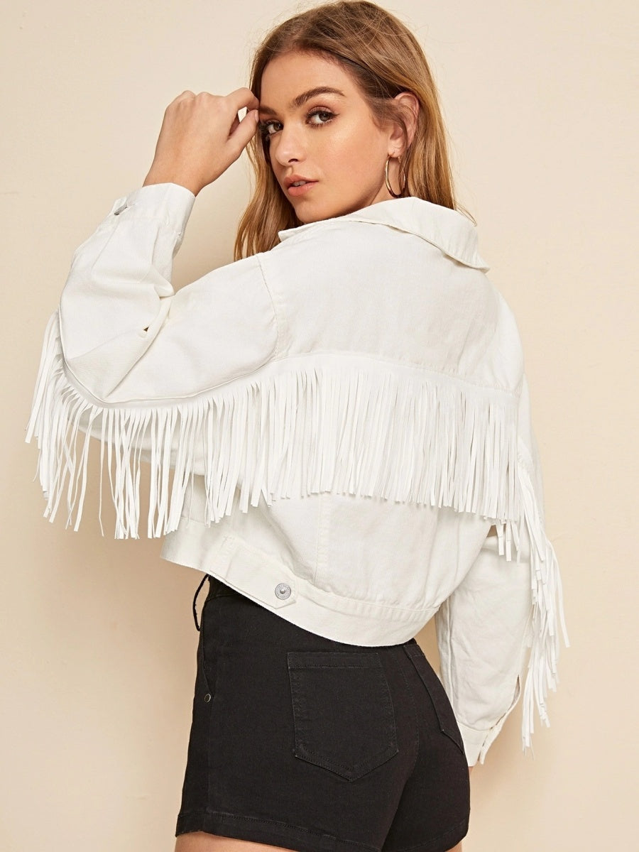Liber Autumn Women's Tassel White Denim jacket
