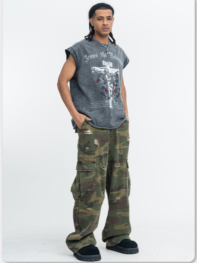 Washed Distressed God Printed Tank Tops