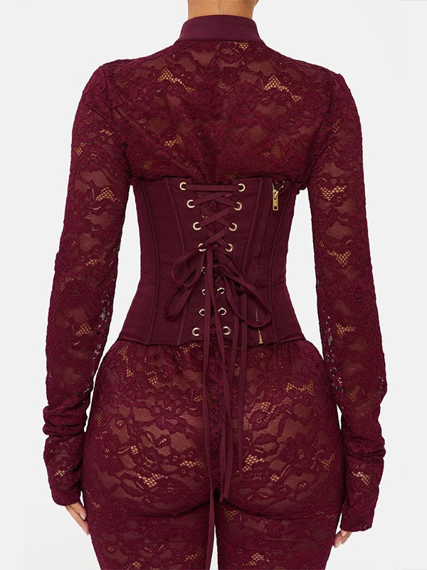 Lace-trimmed Cheongsam-style Fitted Bodycon Jumpsuit