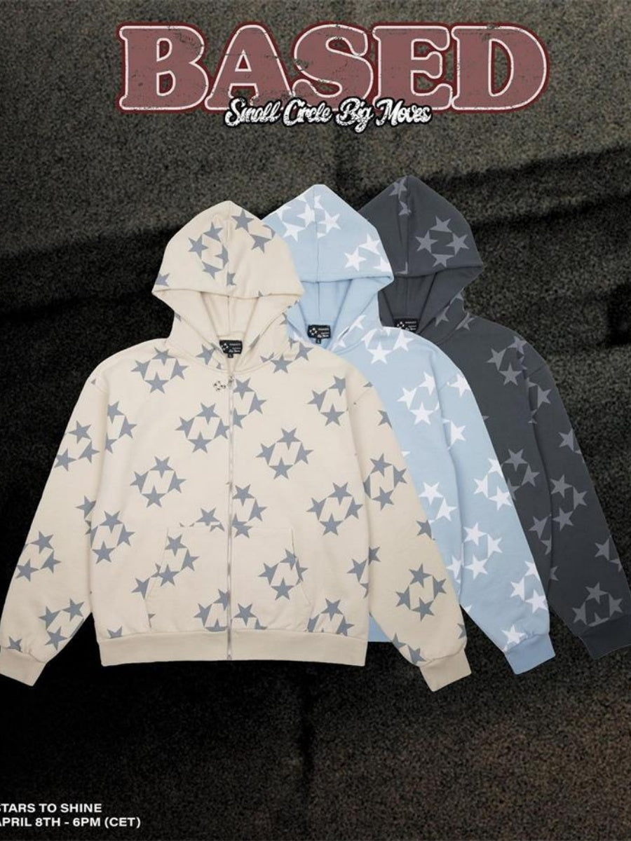 Old Star Print Zippered Loose Hooded Sweatshirt