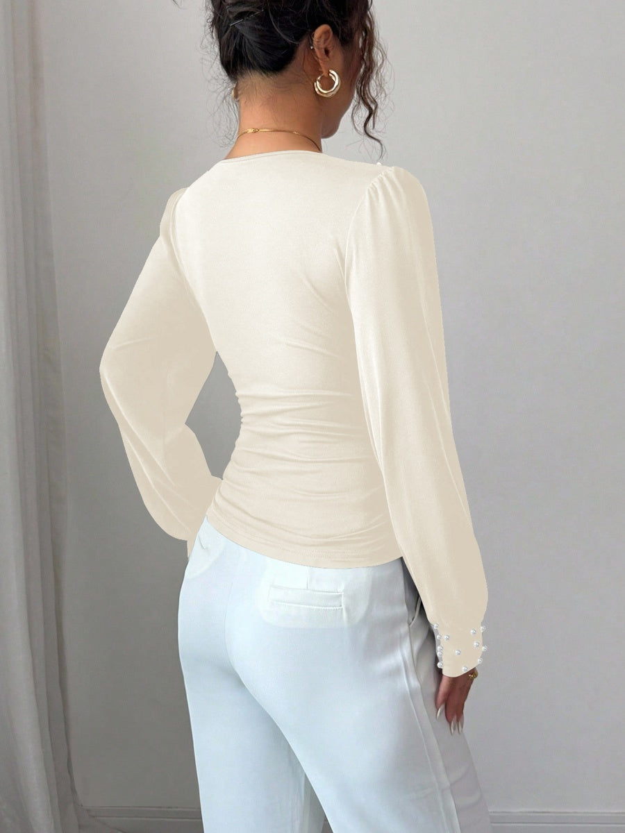 Deep V-neck Slim Fit Pearl Decoration Pleated Waist T-shirt