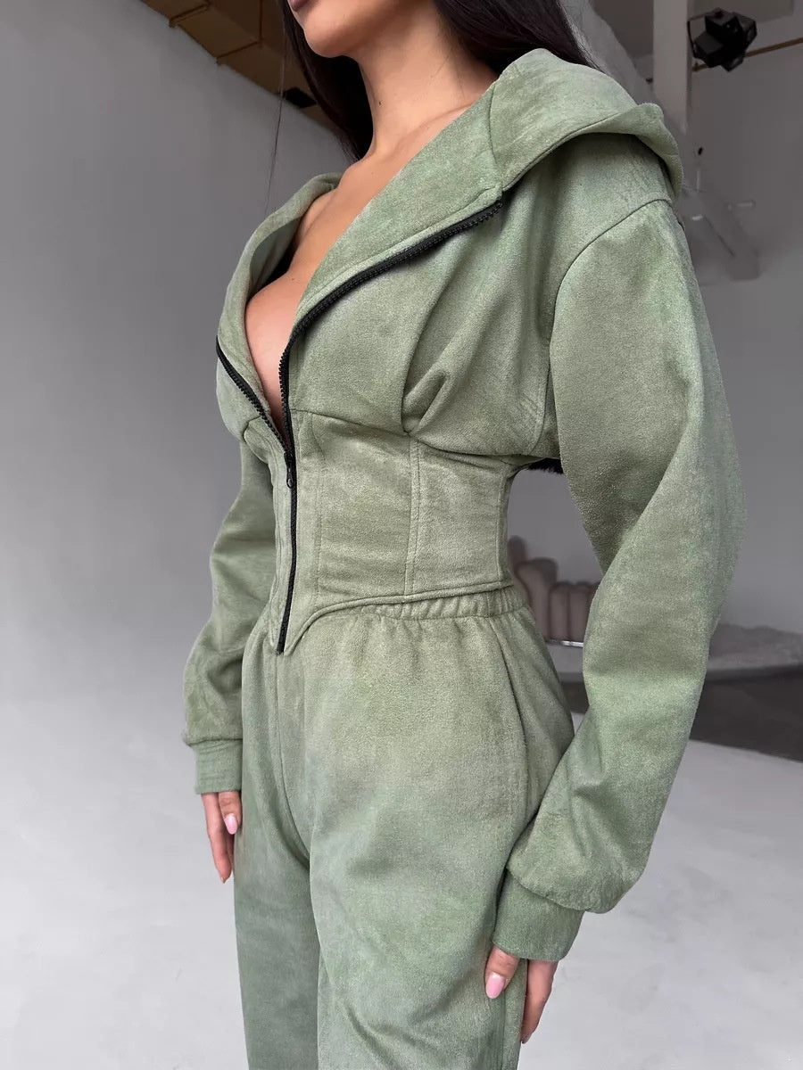 Liber Autumn women's clothing waist design Hooded Zippered solid color long-sleeved cardigan two-piece set