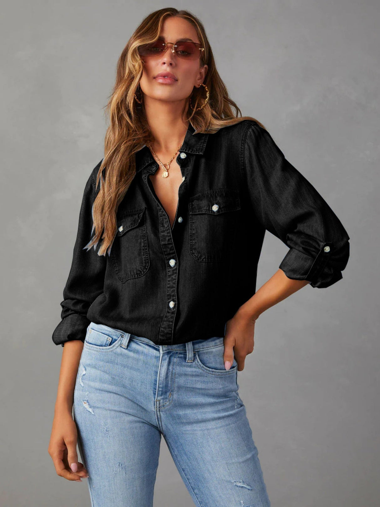 Lapel Single-breasted Long Sleeves Denim Shirt