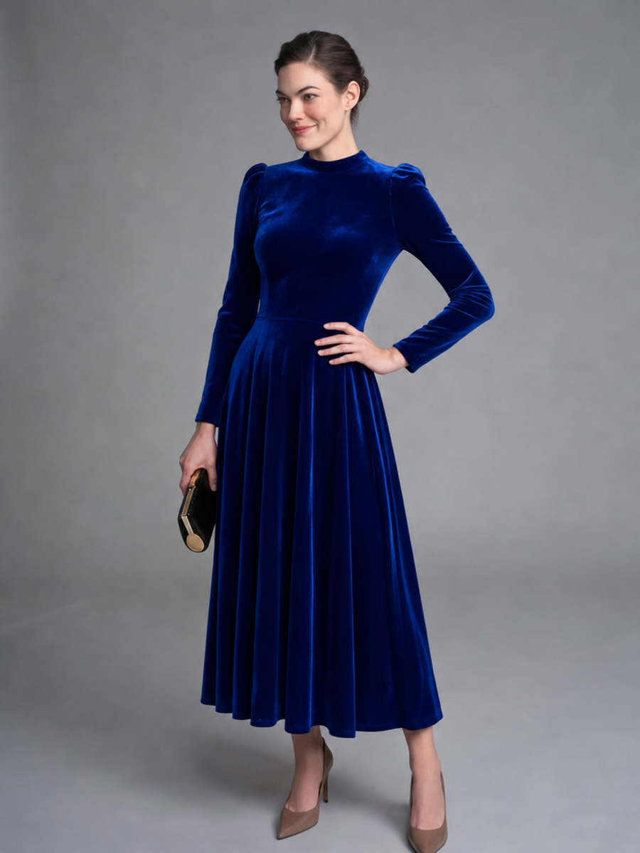 Long Sleeves Solid Color Velvet Maxi Dresses