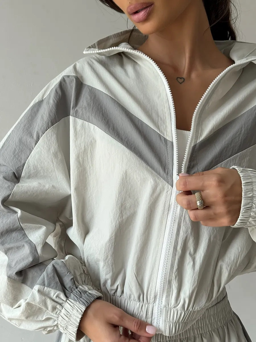 Liber Autumn women's clothing contrasting colors Sports jacket Long-sleeved two-piece suit