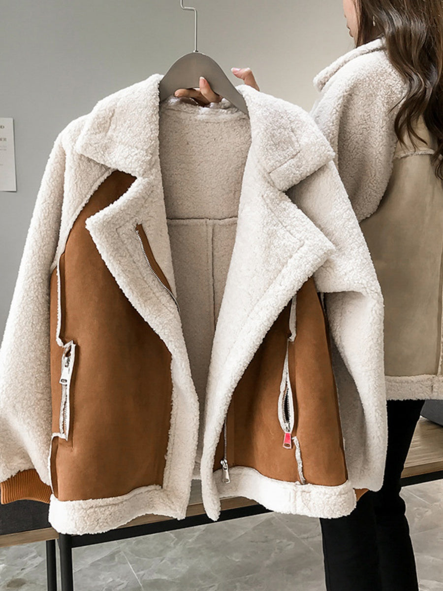 Manteau court ample en daim, fourrure, laine d'agneau et coton