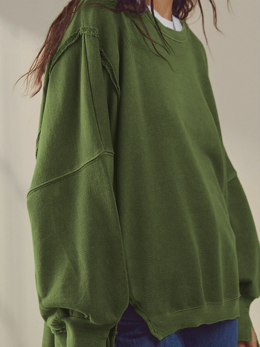 Women's Autumn/Winter Solid Color Frayed Edge Long Sleeve Side-Slit Sweatshirt