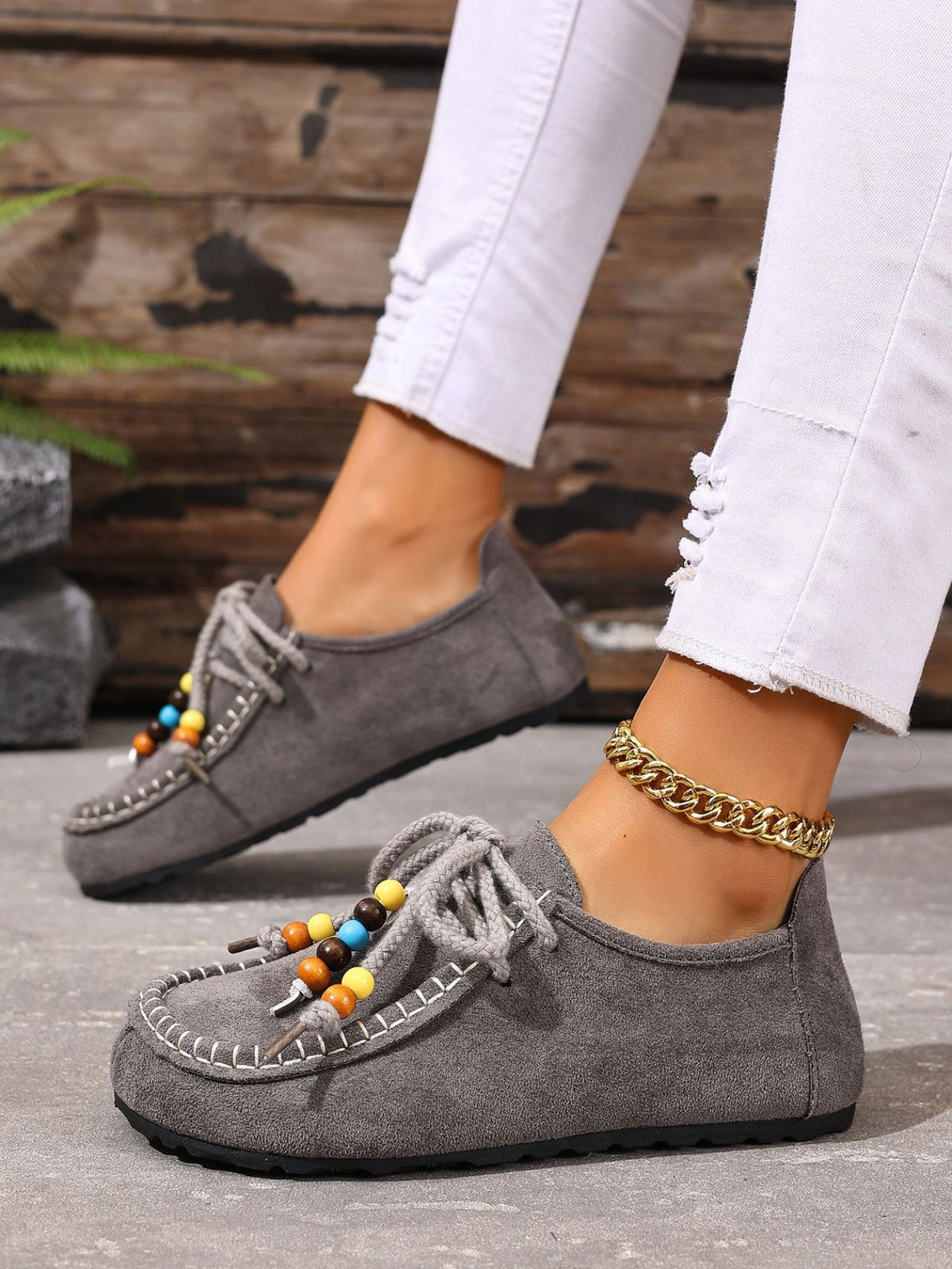 Lace-up Beaded Casual Suede Retro Round Toe Flat Shoes