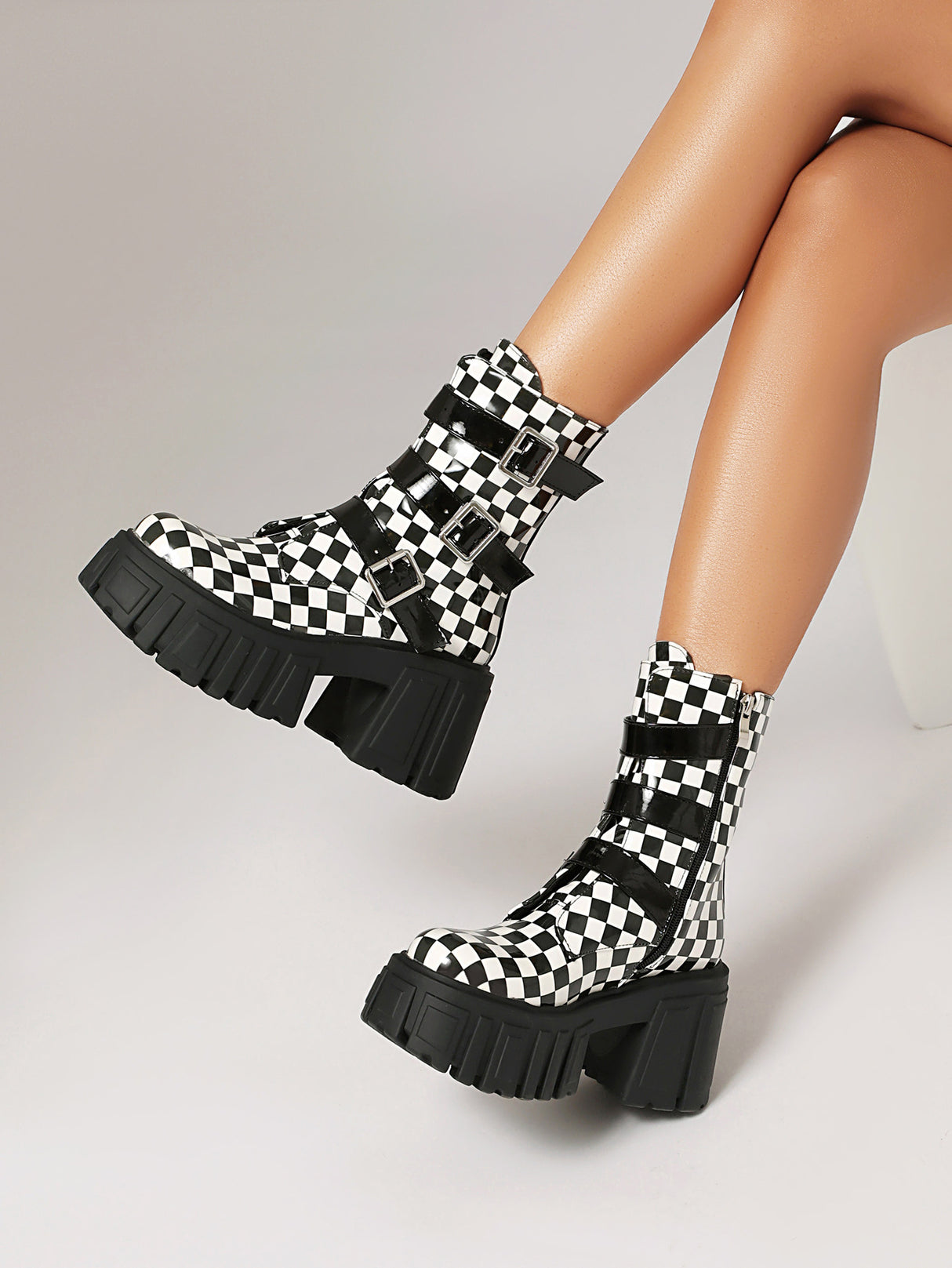 Plaid Denim Biker Punk Ankle Boots