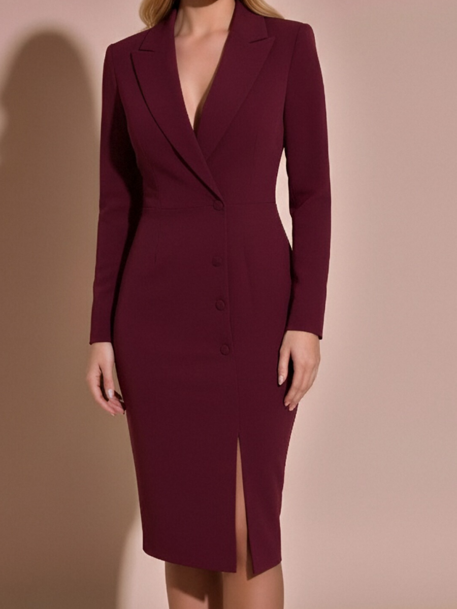 Long-sleeved Suit Collar Single-breasted Slim Fit Midi Dresses