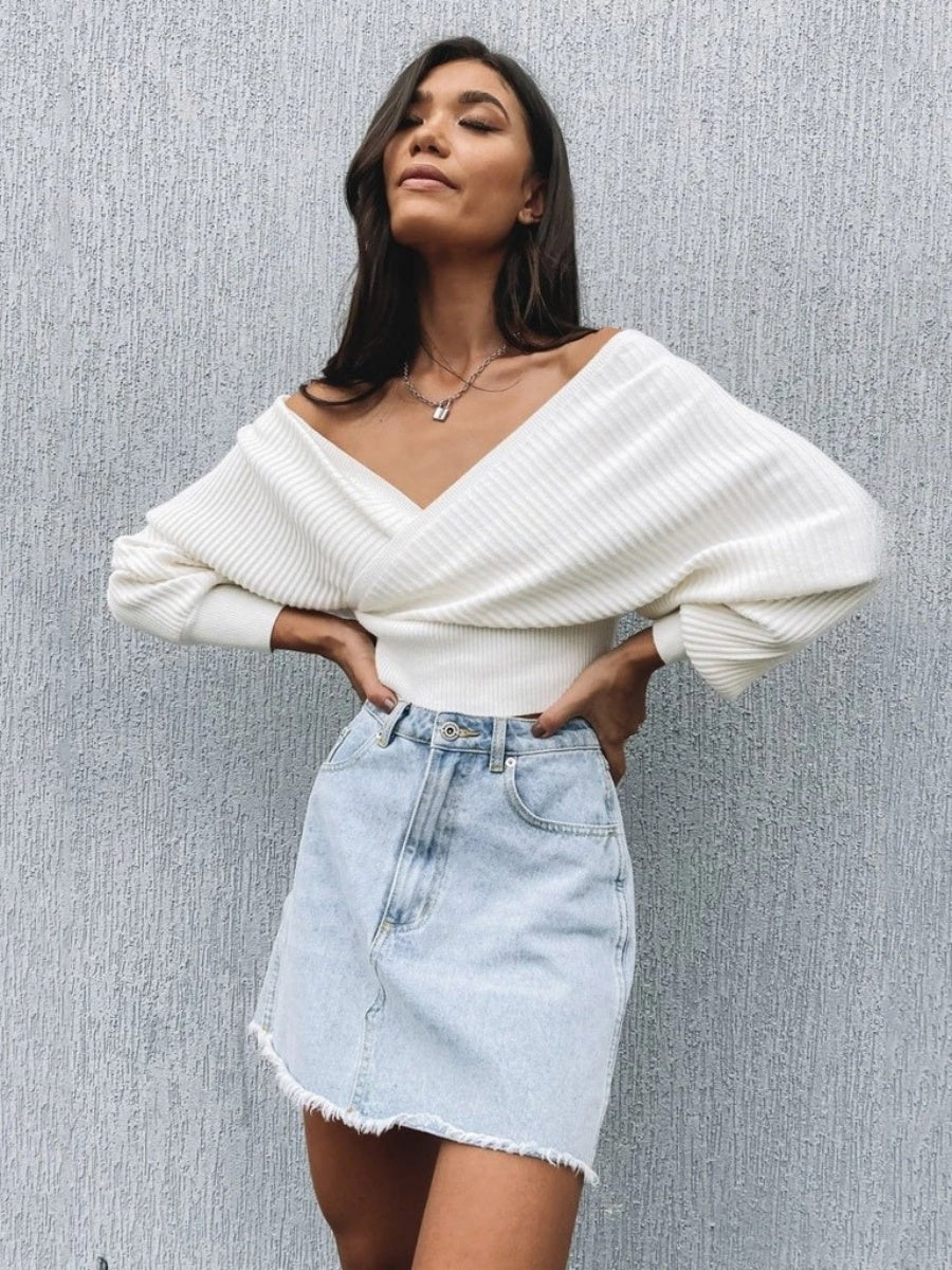 Liber Autumn women's clothing cross design Plain stitch V-neck solid color pullover long-sleeved sweater