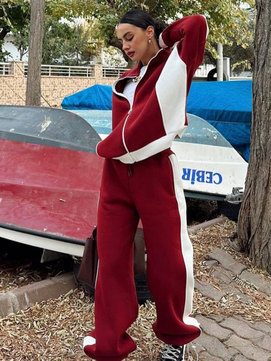 Jackets Casual Trousers Set Retro Contrasting Colors Long Sleeve Zipper Coat Two-piece Trouser Set