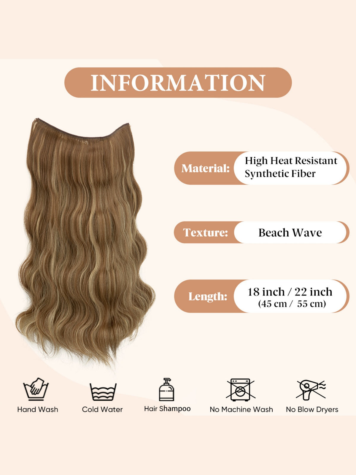 One-piece Hairpiece, Long Wavy Curls, Seamless Synthetic Fiber Wig