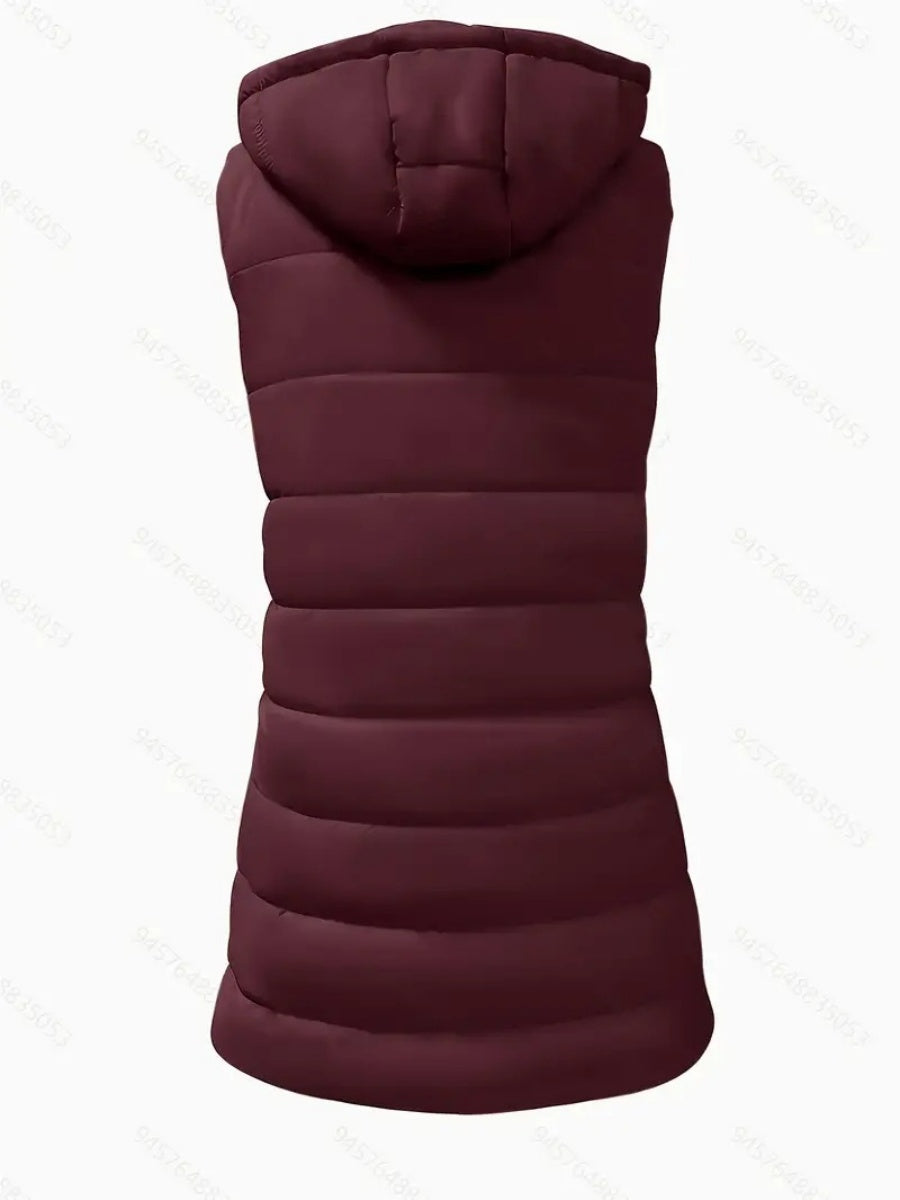 Mid-length Hooded Design Keep Warm Leisure Zipper Pocket Quilted Vest