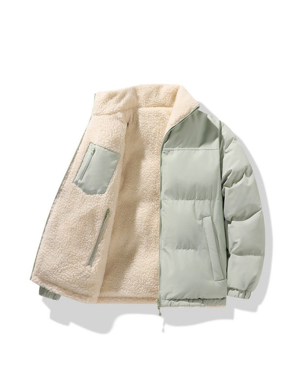 Stand Collar Color-blocked Reversible Lamb Wool Jackets