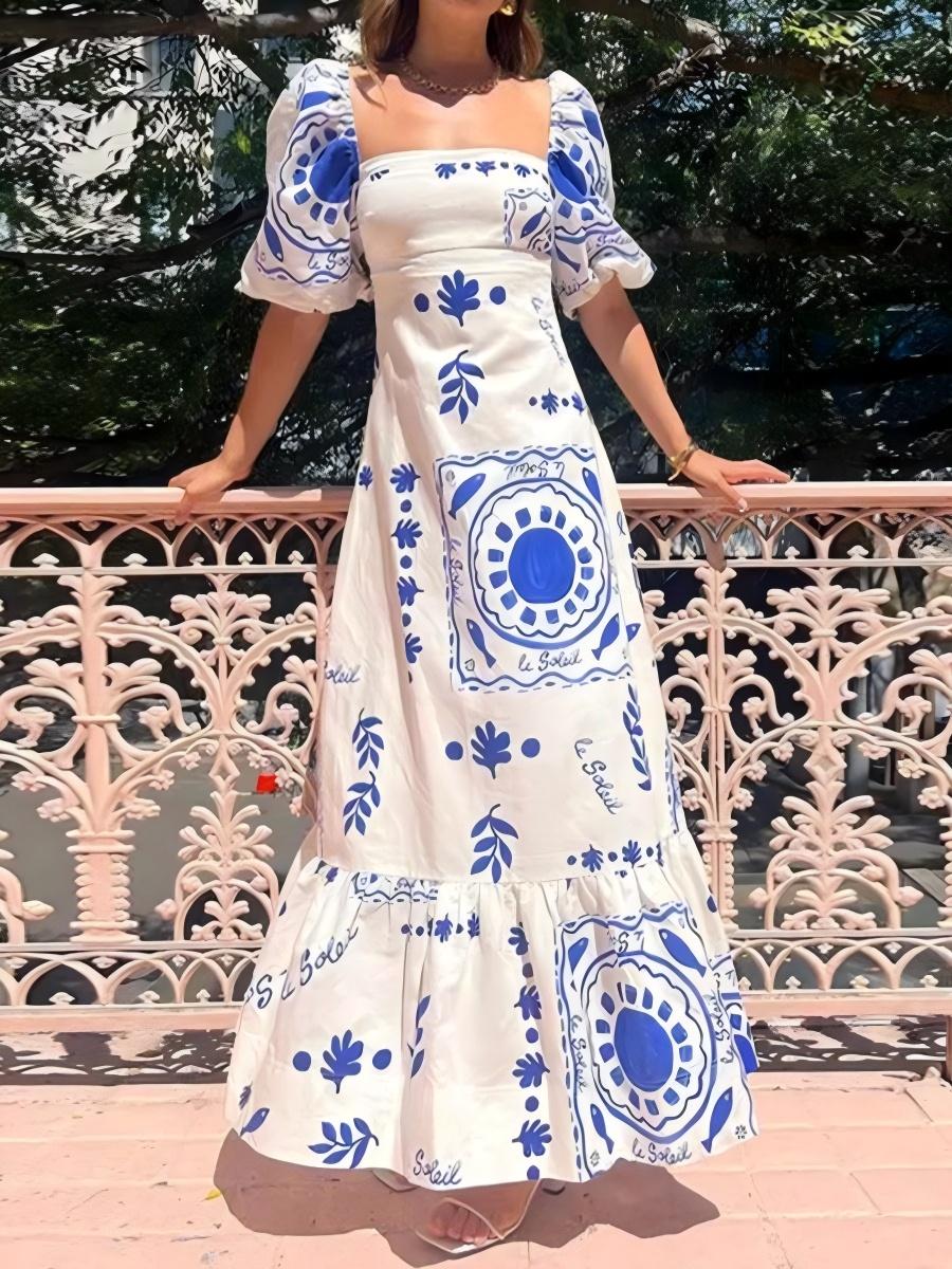 Elegant And Fashionable Printed Lantern Short Sleeves Maxi Dresses