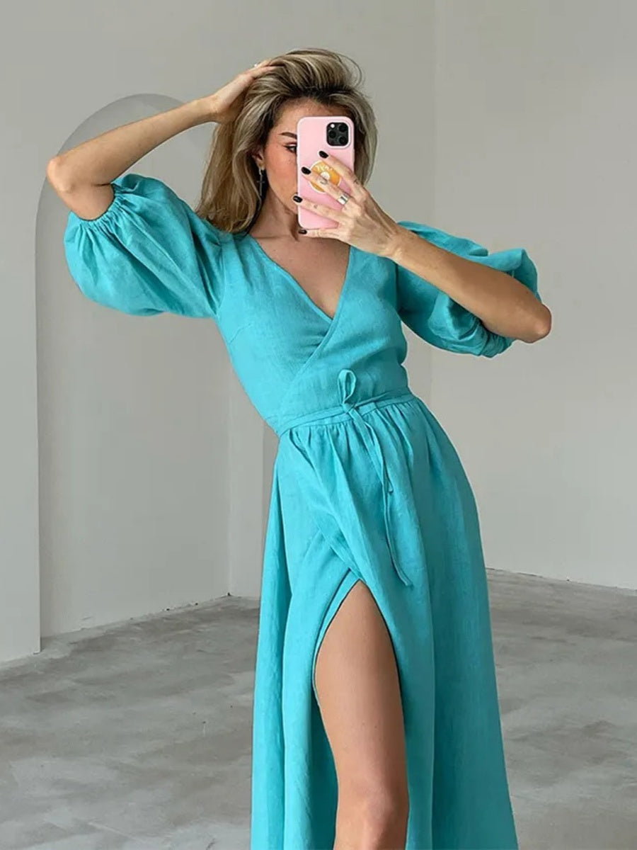 Liber Spring Women's Solid Color Solid Color Puff Sleeve Maxi Dresses