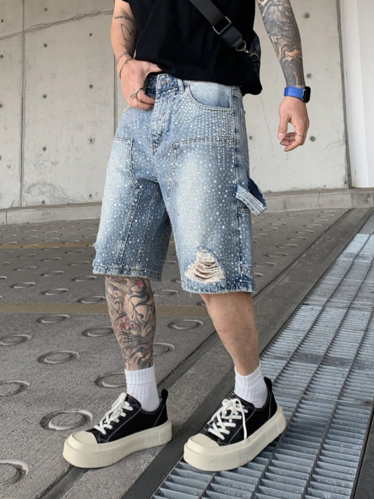 Diamond Full Diamond Hole Gradient 7 Points Denim Shorts