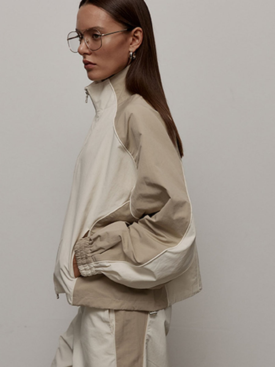 Liber Autumn women's drawstring clothing Colorblock long-sleeved two-piece jacket