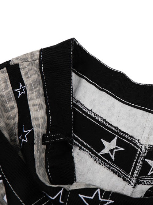 Retro Leopard Print Work Clothes Color-blocked Embroidery 7 Points Jeans