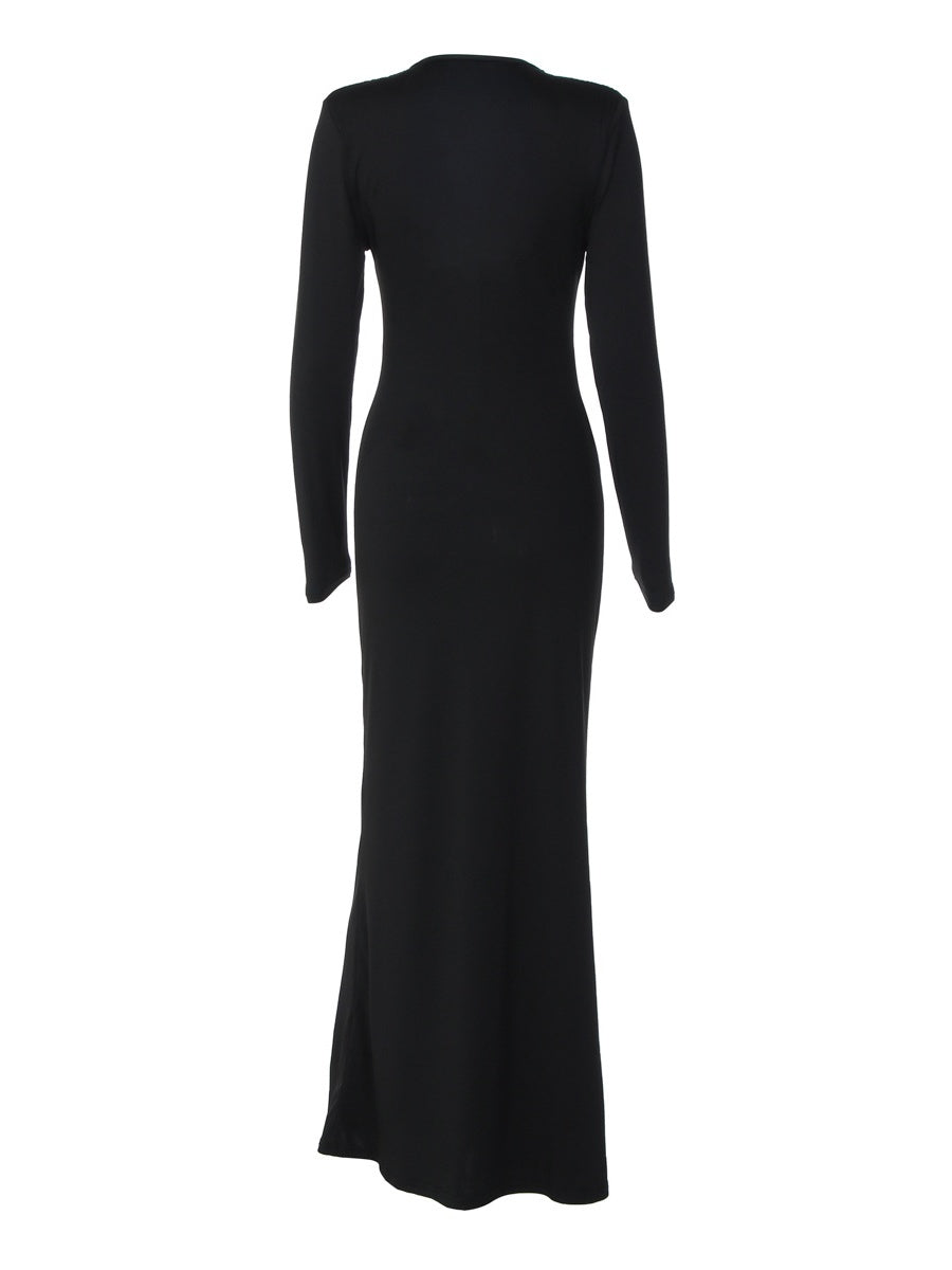 V-neck Black Lace Long Sleeve Pleated Tight Fit Formal Evening Long Dress