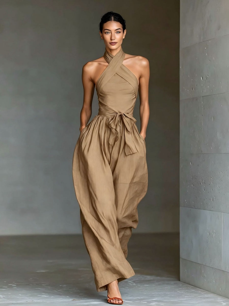 Lace-up Linen Cross-strap Wide-leg Jumpsuit