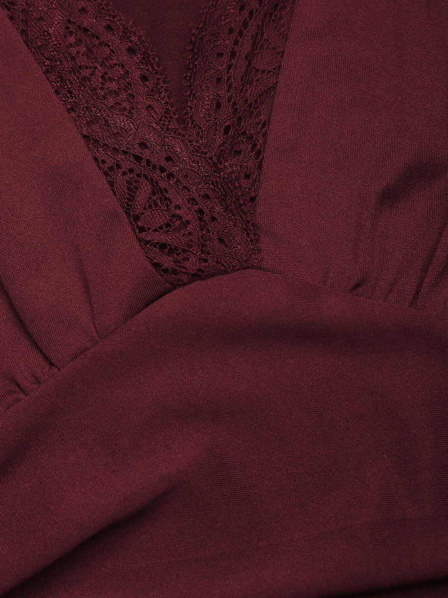 V-neck Lace Splicing Long Sleeve Slit Temperament Commuting Dinner Maxi Dresses