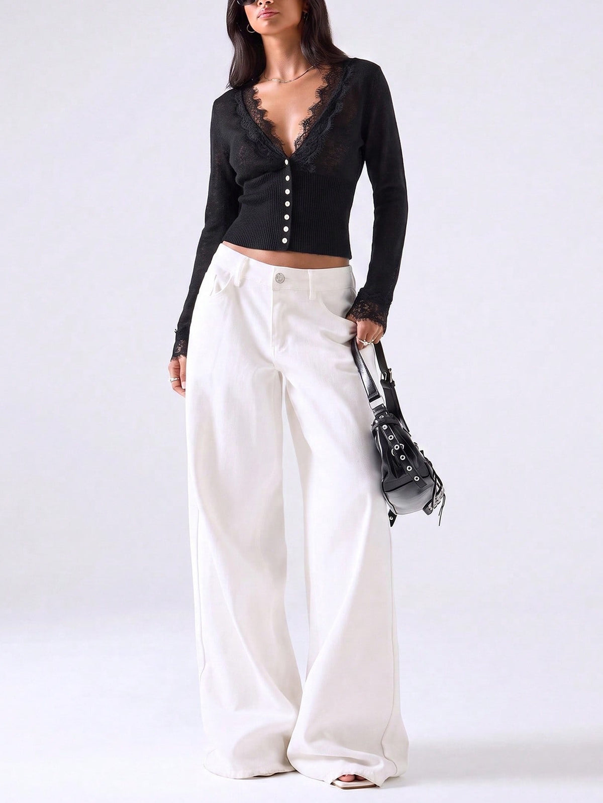 Lace Knitwear Slim-fit V-neck Solid Color Blouse&Shirts