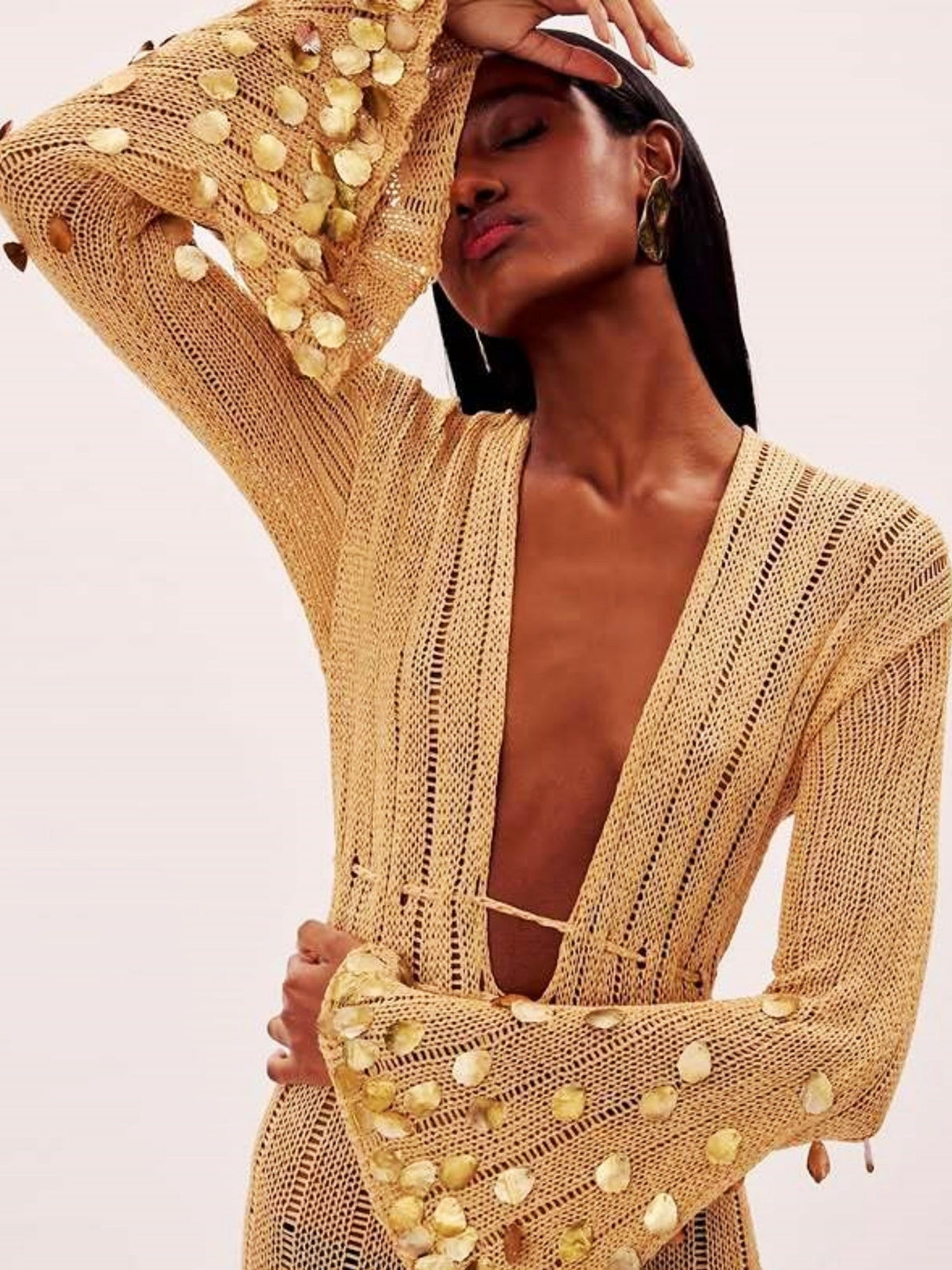 V-neck Waist-cinching Belt Sequins Knitting Maxi Dresses