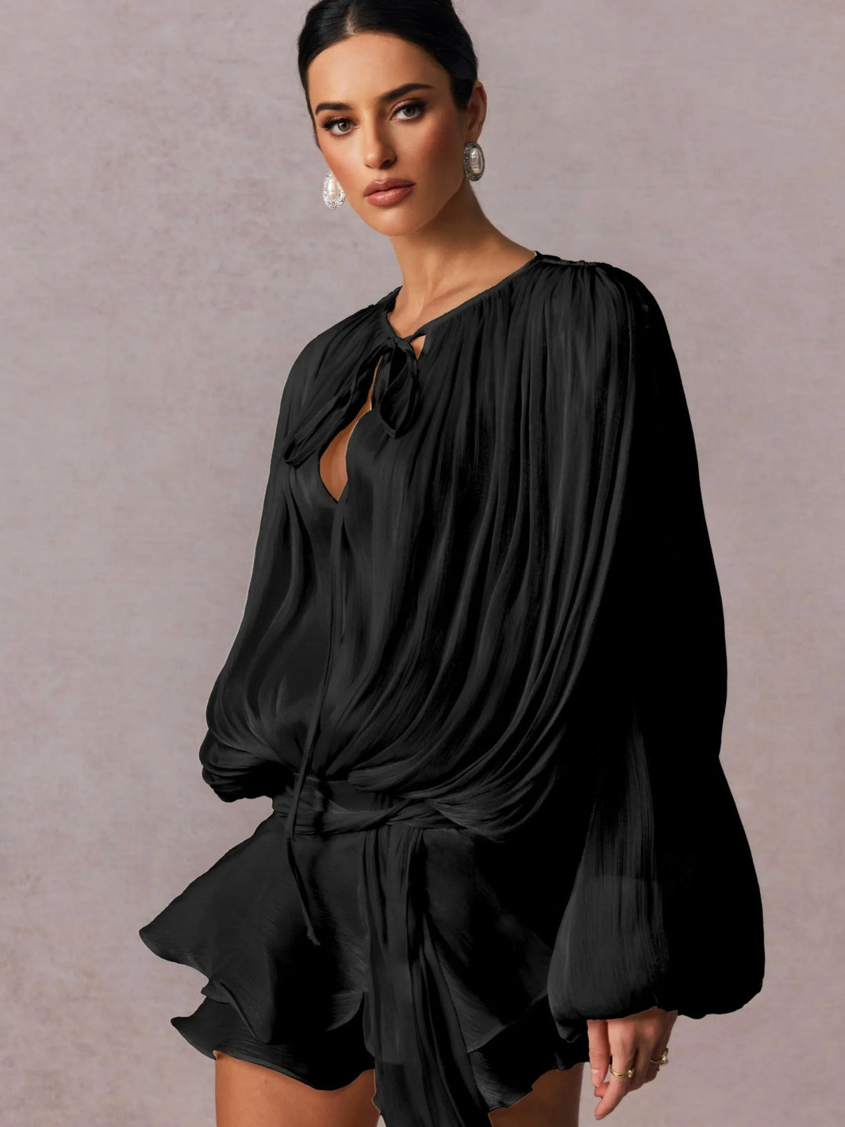 V-neck Straps Crimp Ribbon Wood Ear Solid Color Mini&Short Dresses