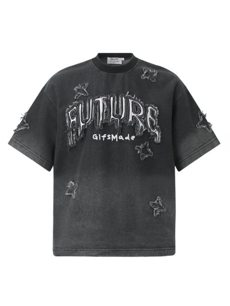 Washed Patches Stereo Embroidery Denim T-shirt
