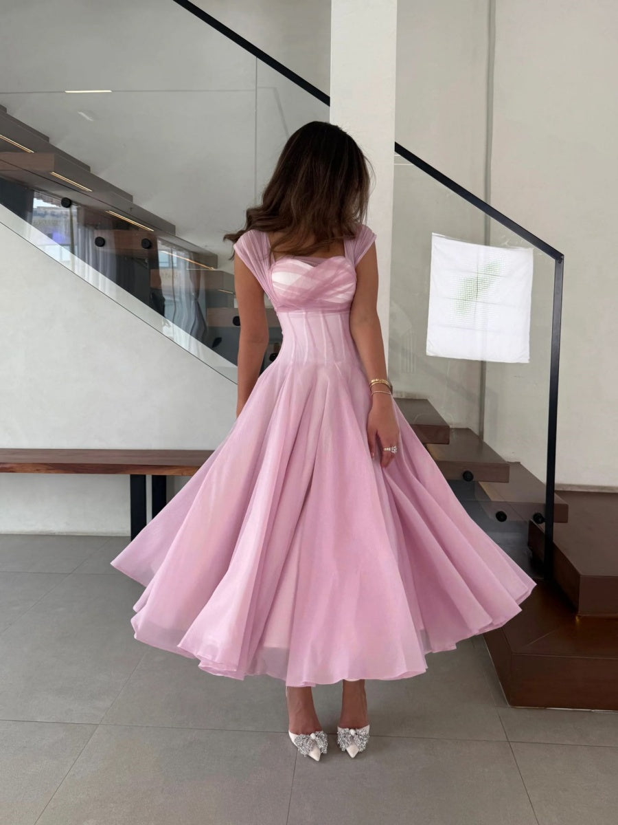 Mesh Splicing Waist Big Swing Midi Dresses