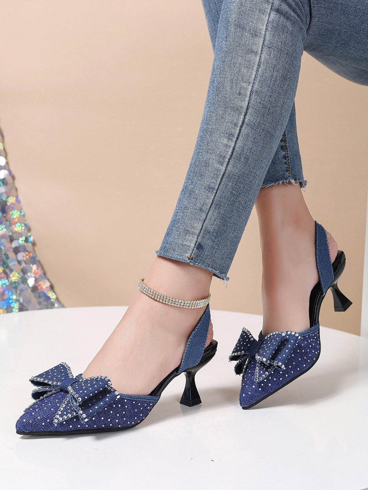 Rhinestone Pointed Bow Backless High Heels