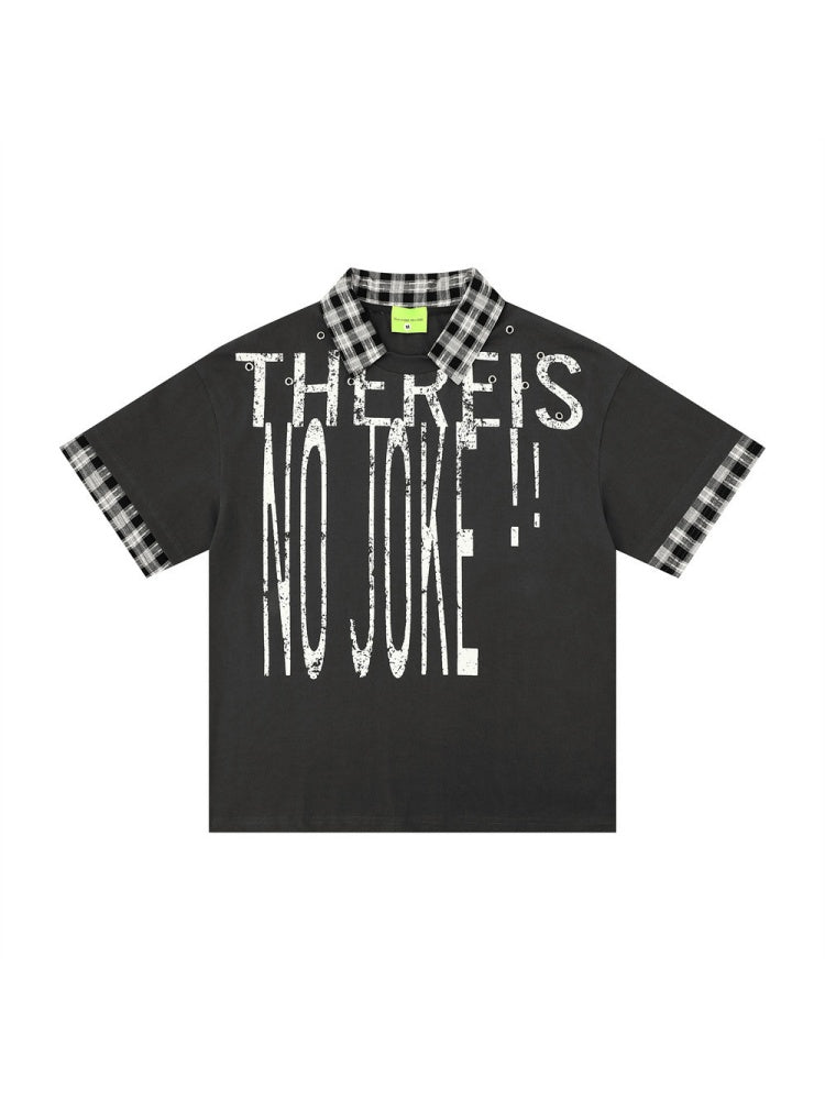 Graffiti Letter Layered-look Patchwork Plaid Polo Shirt