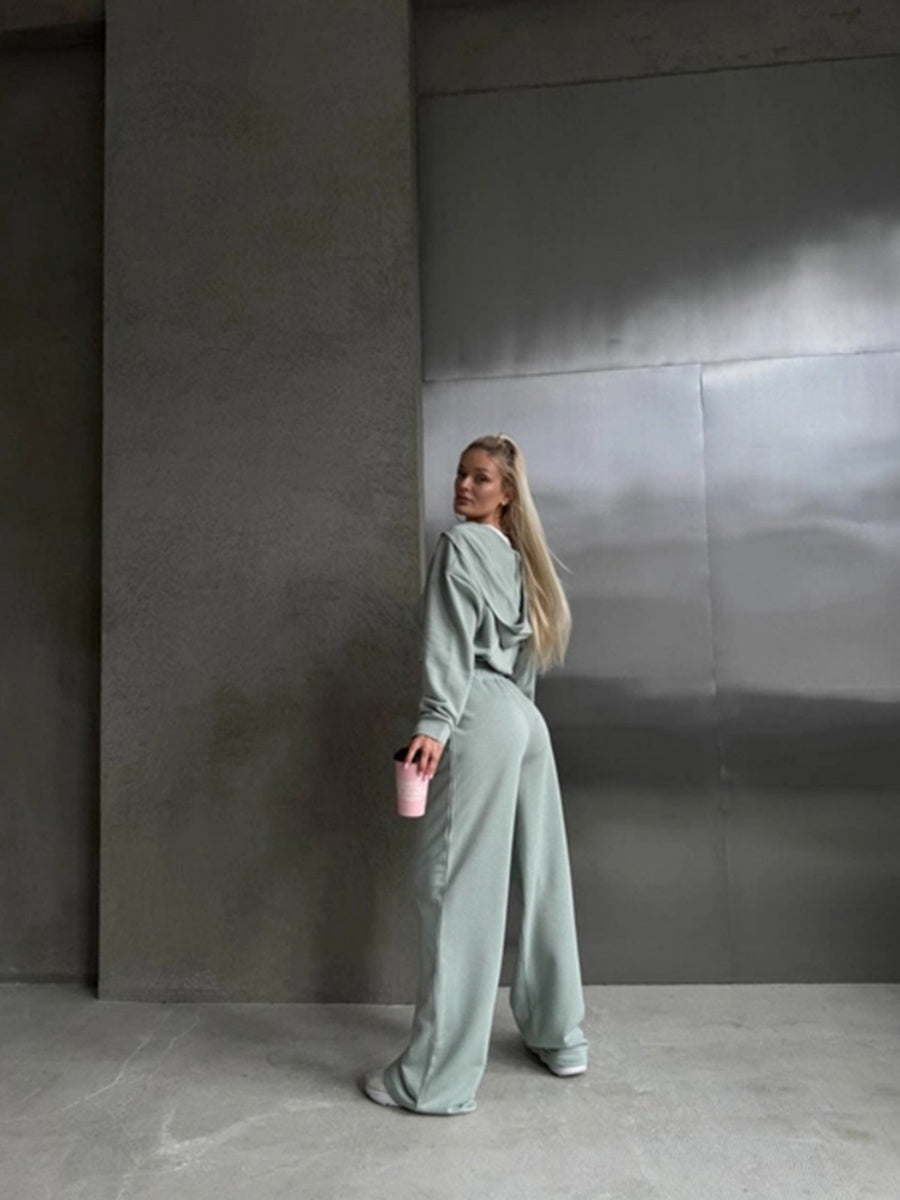 Liber Autumn women's clothing Drawstring Hooded Zippered solid color long-sleeved cardigan two-piece set