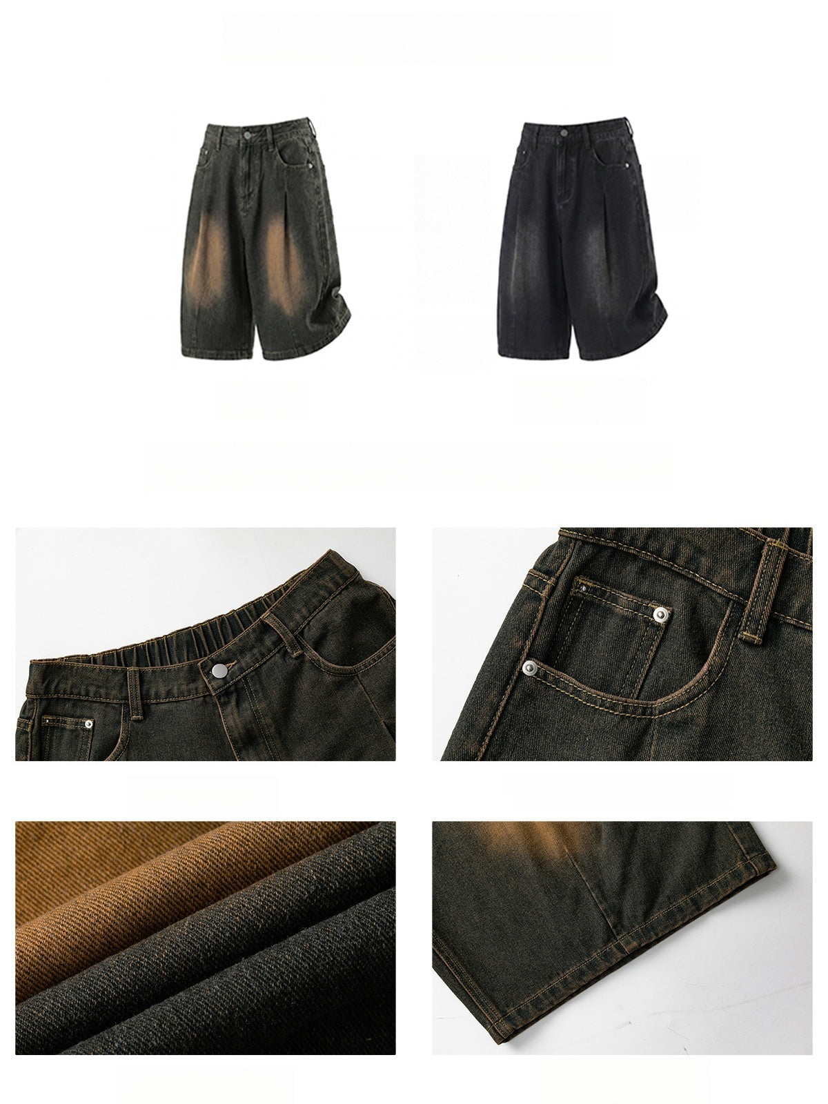 Distressed Washed Gathering 7 Points Denim Shorts