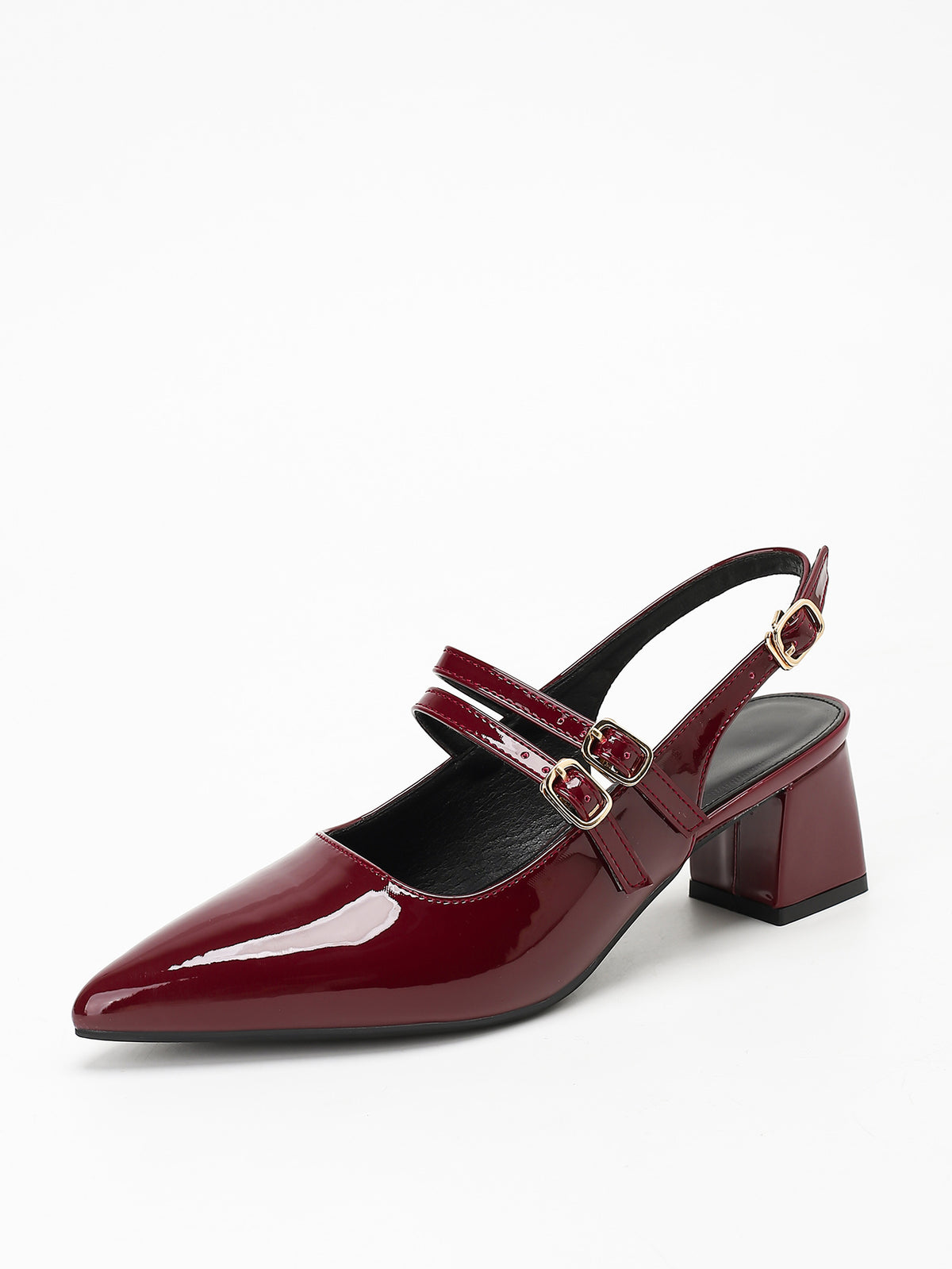 Metal Buckle Pointed Toe Open Back Chunky Heel Mary Jane Shoes