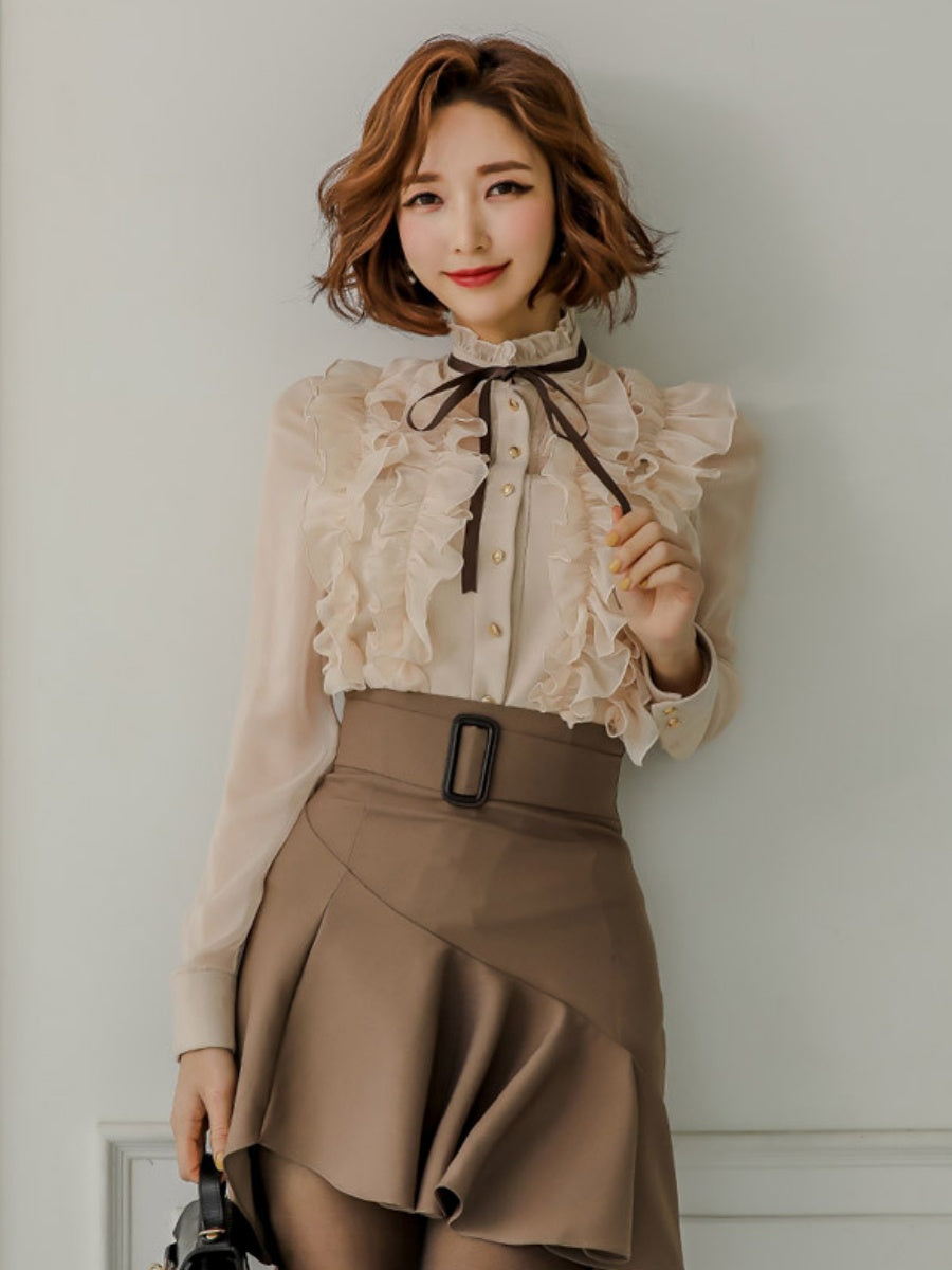 Elegant Two-piece Set: Stand-up Collar Sheer Blouse And Ruffled Skirt.