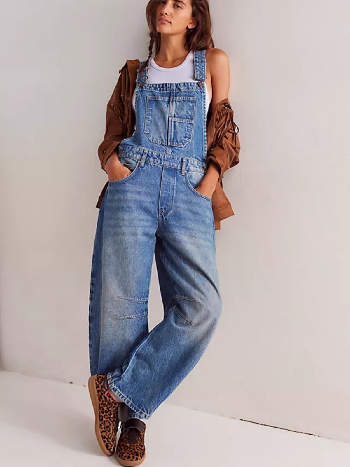 Washed Vintage Loose Straight-leg Cargo Denim Overalls