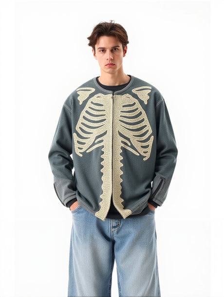 Old Skeleton Denim Shirt Washing Embroidery Knitted Cardigan Jacket