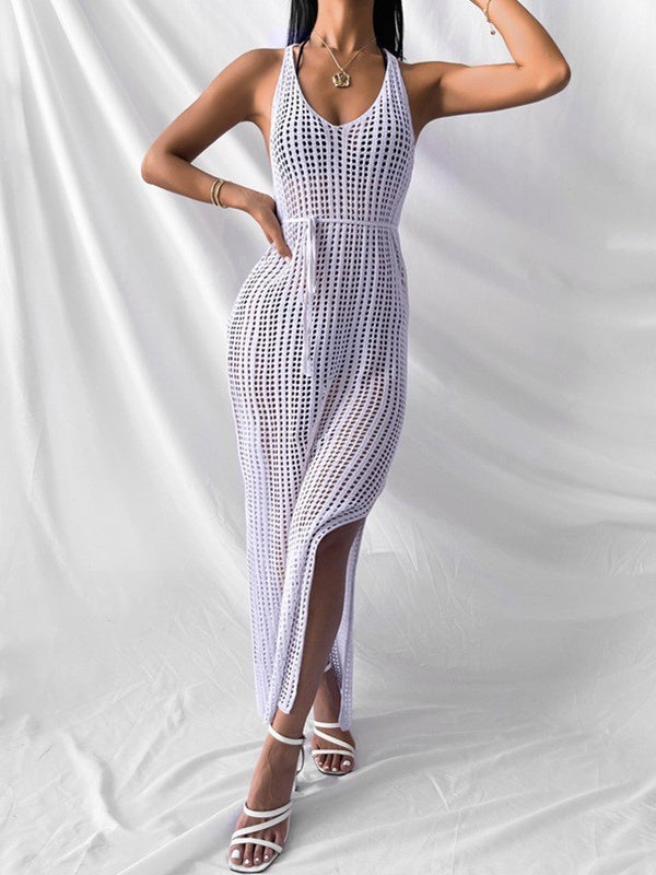 Hollow-out Solid Color Midi Dress For Women
