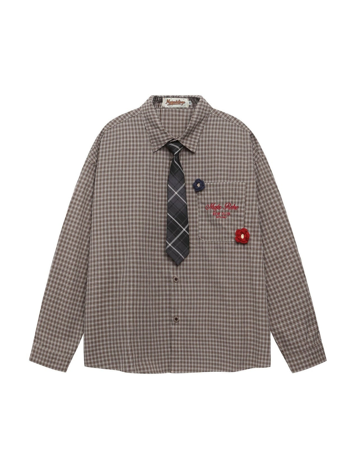 Crochet Letter Embroidery Plaid Loose Leisure Tie Shirt