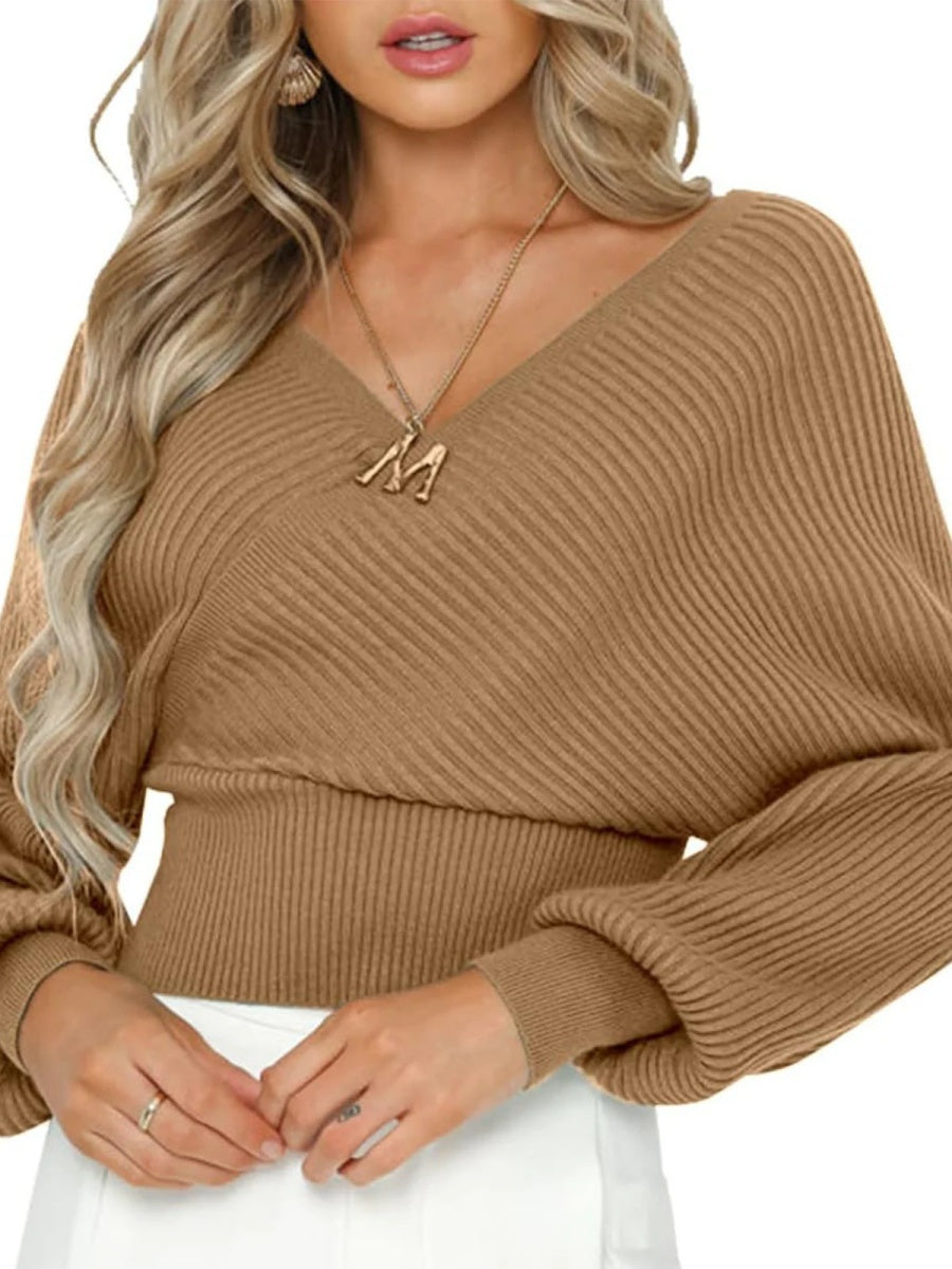 Liber Autumn women's clothing cross design Plain stitch V-neck solid color pullover long-sleeved sweater
