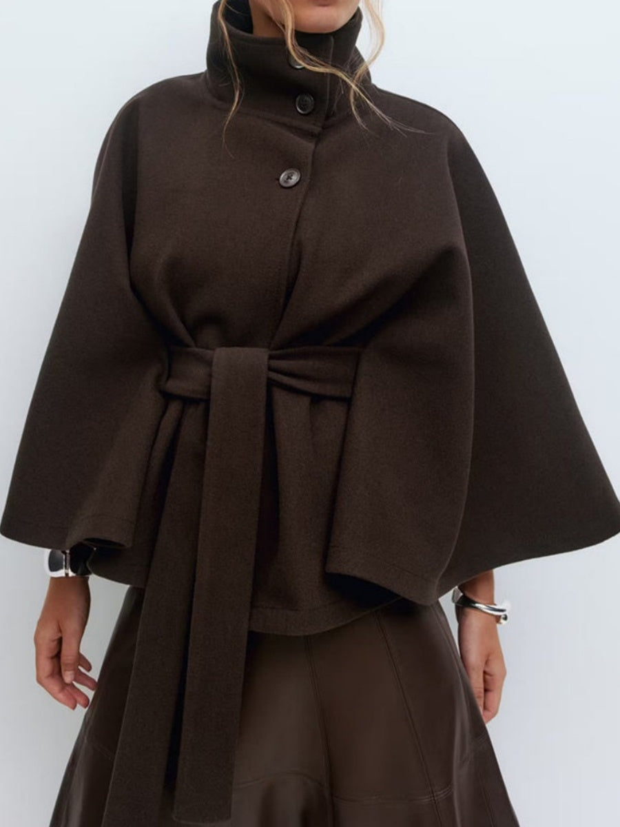 Solid Color Cape With Stand Collar, Button Belt And Short Style Coats