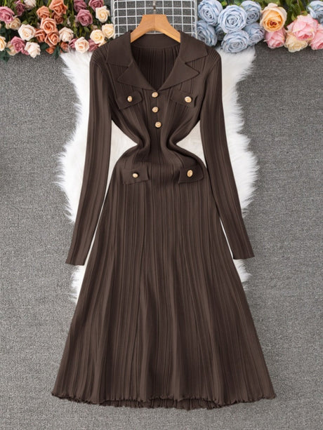 Lapel Button Ribbed Long Sleeve Fishtail Knitted Dress