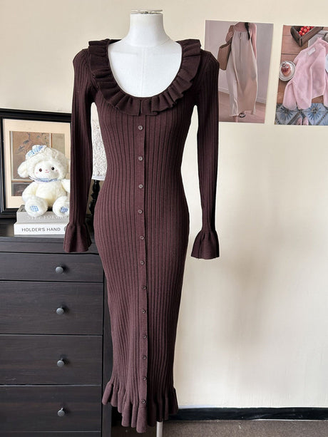 Trumpet Sleeve Ruffle Dress Single Breasted Tight Hip-Wrap Waist Sexy Sweater Long Dress