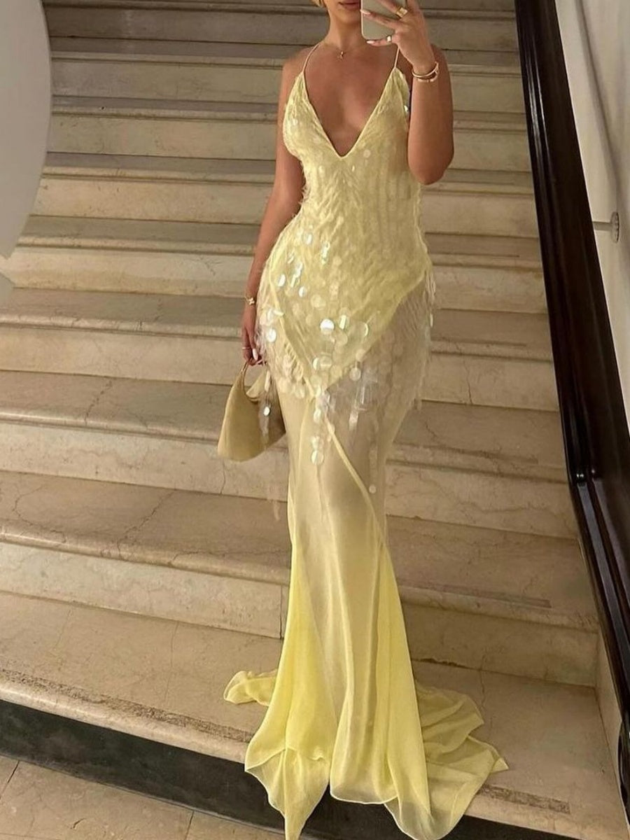 Liber Winter Women's Backless Splicing Deep V-neck Maxi Dresses