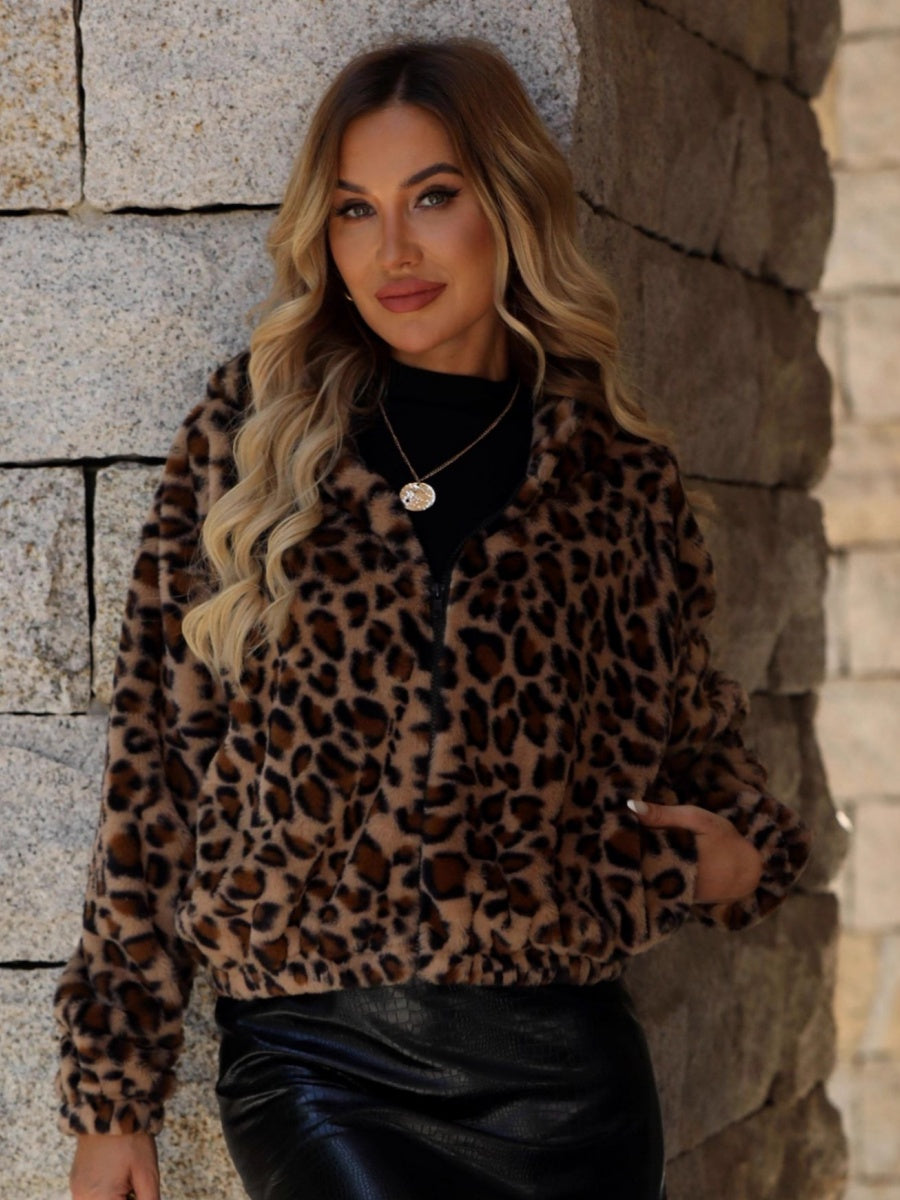 Cardigan Pockets Leopard Print Zip-up Jacket