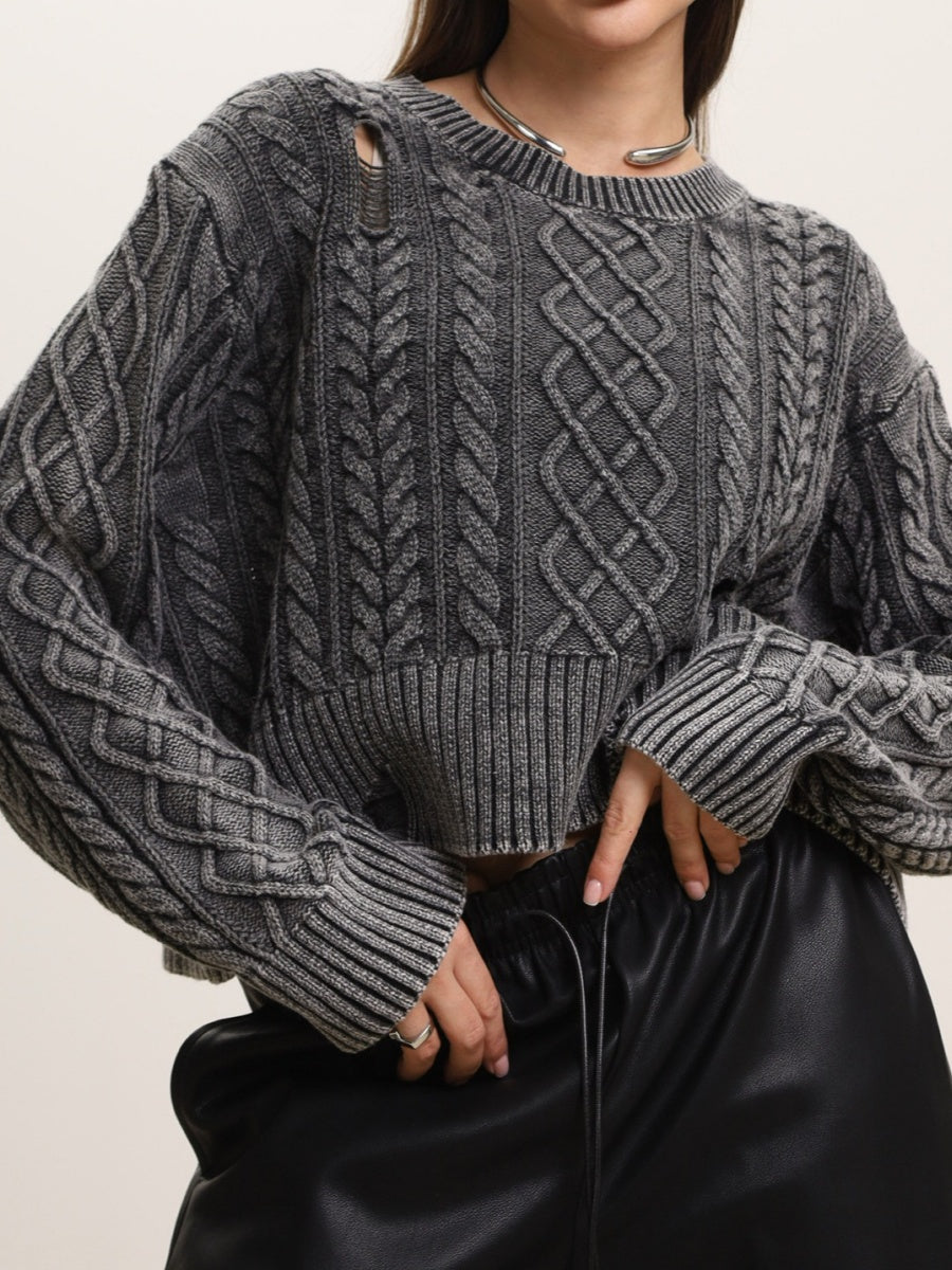 Liber Autumn women's washed short clothing Navel Hole Batwing sleeve pullover sweater